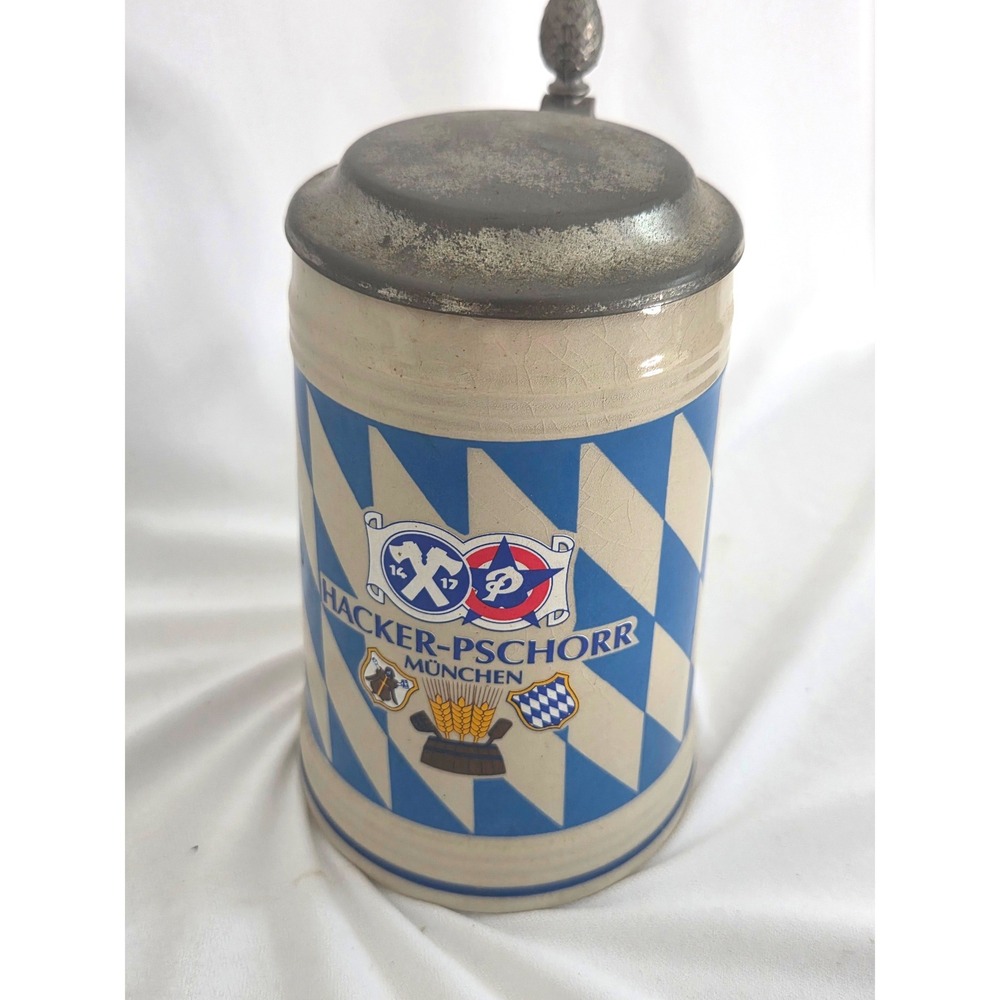 Hacker-Pschorr Munchen Beer Stein Lidded Bavarian Blue White Zinn 95% Pewter